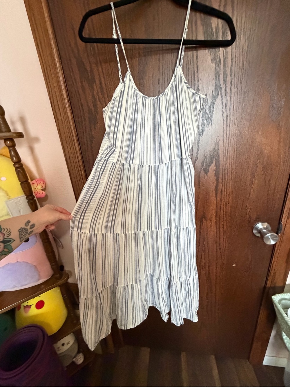 Express Blue and White Striped Tiered Midi Dress
